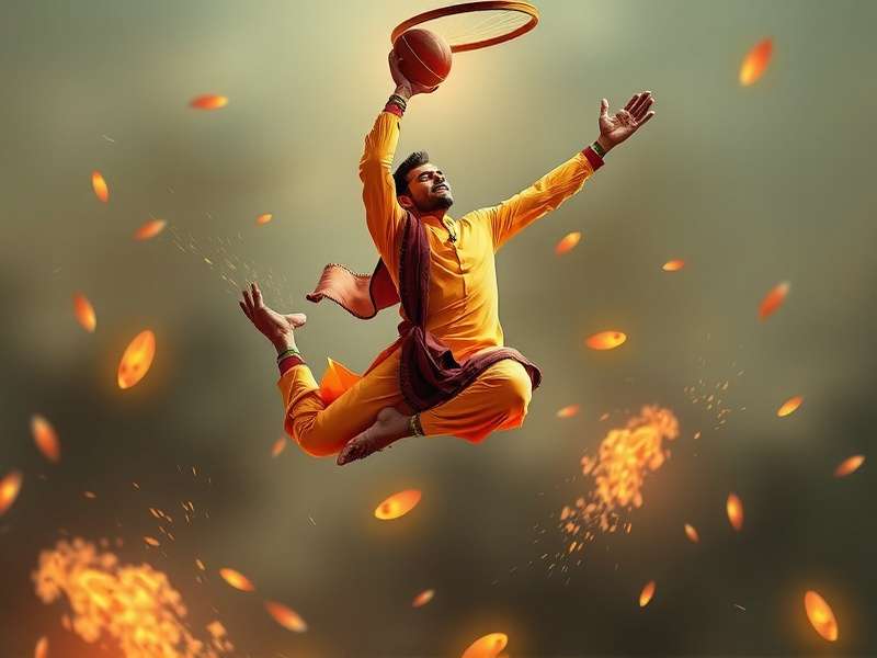 Indian fan art of Dunk Glory India player in kurta performing a Chakkar Dunk
